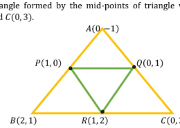 Find the area of the triangle formed by joining the mid-points of the sides of the triangle whose vertices are (0, –1), (2, 1) and (0, 3). Find the ratio of this area to the area of the given triangle.
