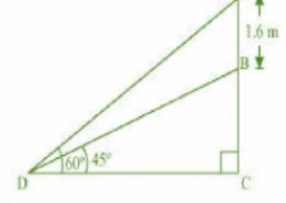 A statue, 1.6 m tall, stands on the top of a pedestal. From a point on the ground, the angle of elevation of the top of the statue is 60° and from the same point the angle of elevation of the top of the pedestal is 45°. Find the height of the pedestal.