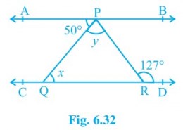 In Fig. 6.32, if AB || CD, ∠ APQ = 50° and ∠ PRD = 127°, find x and y.