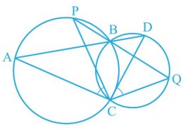 Two circles intersect at two points B and C. Through B, two line segments ABD and PBQ are drawn to intersect the circles at A, D and P, Q respectively (see Fig. 9.27). Prove that ∠ACP =∠QCD.