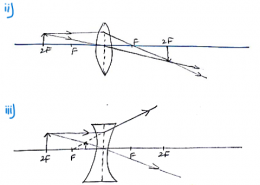 (i) Rohit claims to have obtained an image twice the size of object with a concave lens. Is he correct? Give reason for your answer. (ii) Where should an object be placed in case of a convex lens to form an image of same size as of the object? Show with the help of ray diagram the position and the nature of the image formed. (iii) With the help of ray diagram, illustrate the change in position, nature and size of the image formed if the convex lens in case of (ii) is replaced by concave lens of same focal length.