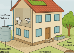 Can you design a house or school that conserves water wisely? What would it include?