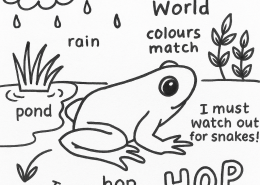 Your teacher will read out instructions for you to follow and create your own ‘Frog’s World’ in the space provided on the next page. 1. Draw the place: Imagine a place where your frog might be happy, like a pond, a forest or a rainy area. 2. Draw your frog: Draw a frog in the above setting. 3. Decorate with words: Around your drawing, write some words from the poem that describe the frog’s life. You can even write your own short sentence about the frog’s world. 4. Colour it: Use colours to bring your irog’s world to life! Be creative and make it as colourful as you would like.