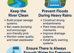Imagine you are planning a new city near a river. What steps would you take to: (a) keep the river clean. (b) prevent floods during heavy rains. (c) ensure there is always enough water for everyone, even during summers.