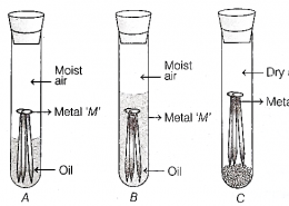 Observe the following diagram showing the conditions under which a metal ‘M’ corrodes. List your observations in each of the three cases A, B and C with the reason, if the metal ‘M’ is generally protected against corrosion by the method of galvanisation.