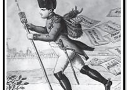 Napoleon in the given picture is depicted as a postman. What do each letter falling from his bag represent?
