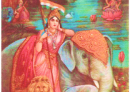 Look at the picture given below. What does the image of Bharat Mata signify? Choose the correct option: (a) Diversity and heritage (b) Spiritualism and enlightenment (c) Power and authority (d) Nationalism and democracy