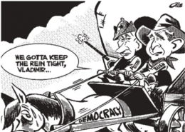 Observe the cartoon and choose the correct option which explains the picture: (a) The importance of strong leadership for economic growth (b) The dangers of concentrated power undermining democracy (c) The need for international cooperation to strength democracy (d) The celebration of Russia’s political reforms in 2005